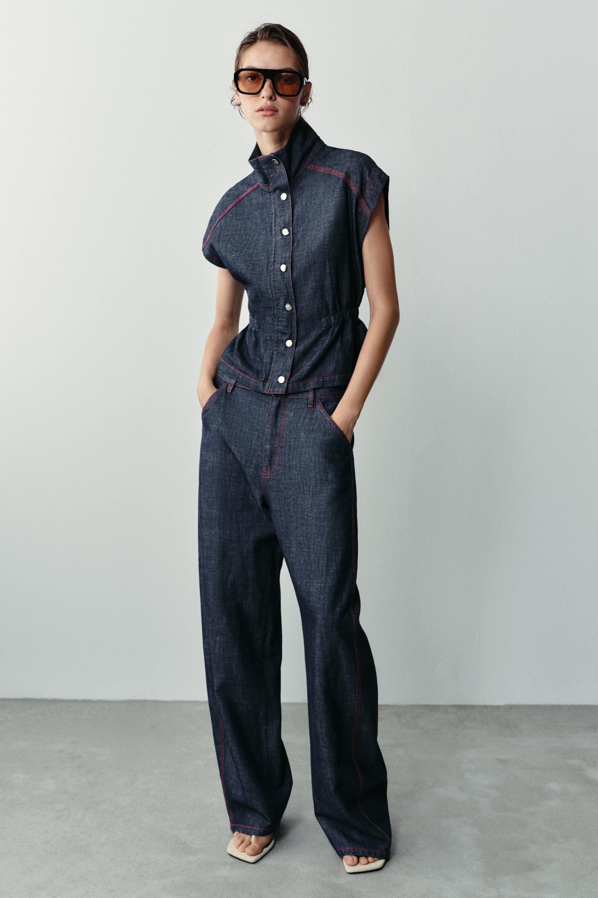 LINEN VEST WITH CONTRASTING TOPSTITCHING
