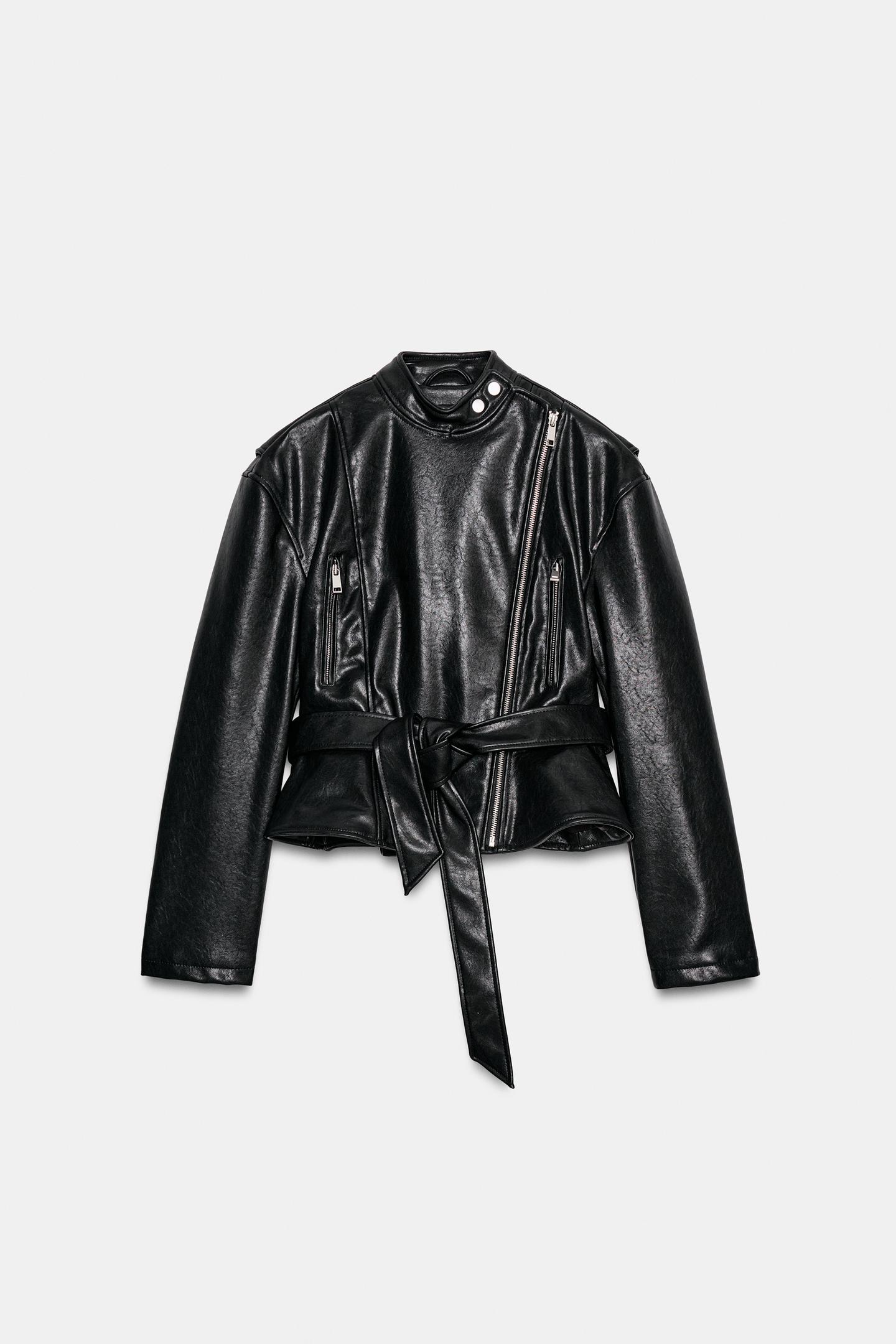 Женская куртка Zara Faux Leather Belted Biker, цвет: Чёрный — фото 6