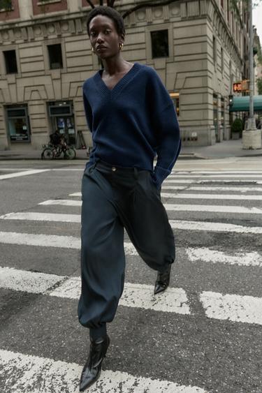 Zara 褲腳鈕扣打褶長褲 - 海藍色