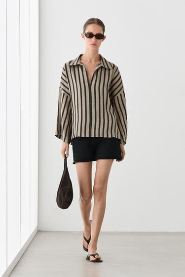 Chemisier oversize à rayures en lin mélangé - Sable de Zara - Image 0