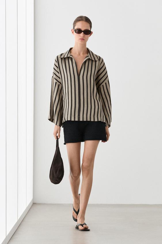 Blusa oversize rayas mezcla lino - Arena de Zara - Imagen 0