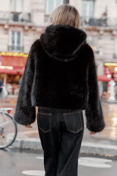 FAUX FUR HOODIE JACKET - Black by Zara - Image 3