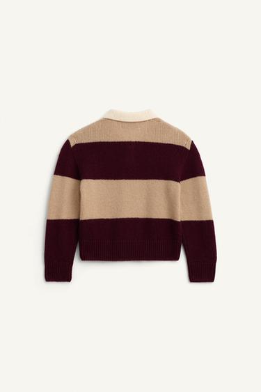 POLO EN MAILLE À RAYURES 100% LAINE ÉDITION LIMITÉE - bordeaux/écru de Zara - Image 4