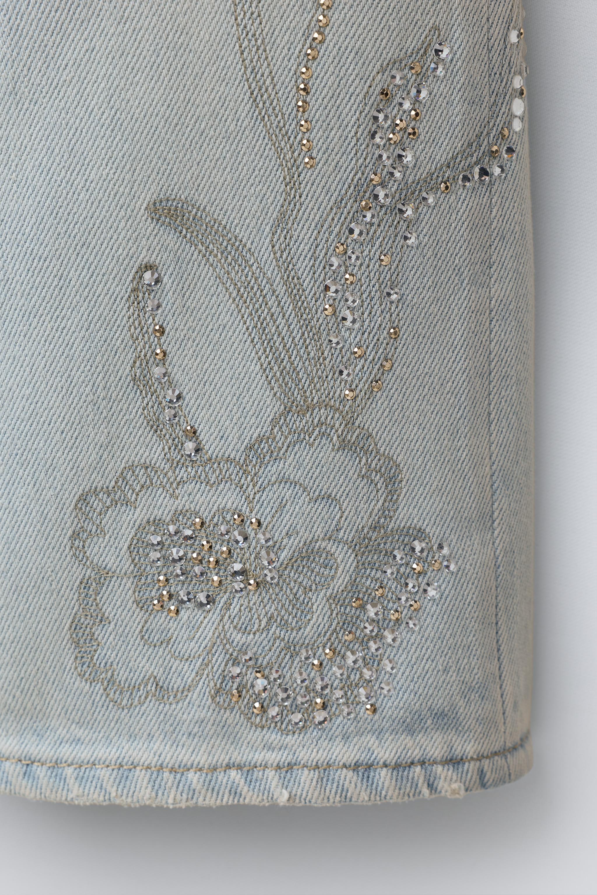 RHINESTONE FLORAL WIDE LEG JEANS