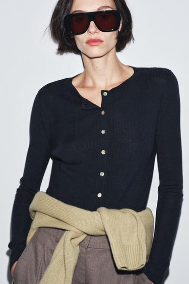 Zara 100% 羊毛羅紋開襟衫 - 海藍色