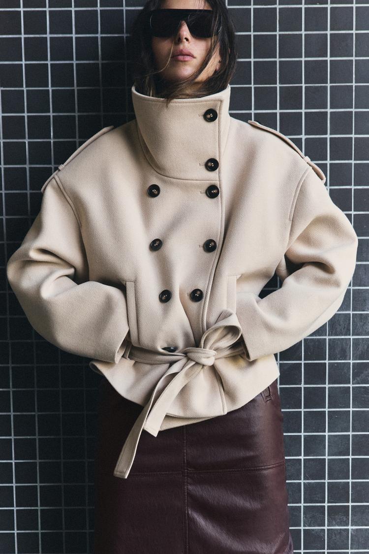 HIGH-NECK BELTED SHORT COAT — Ecru