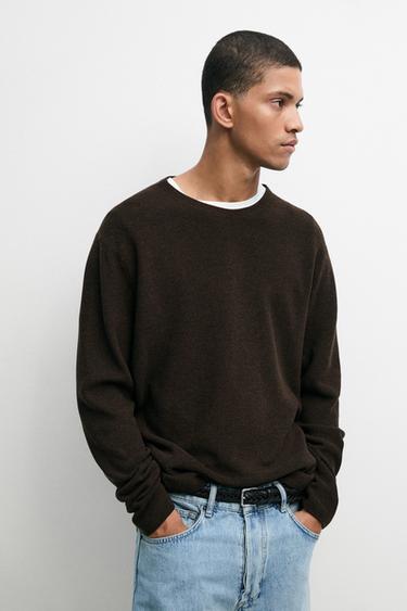 Zara 100% cotton mouliné round neck sweater - Brown