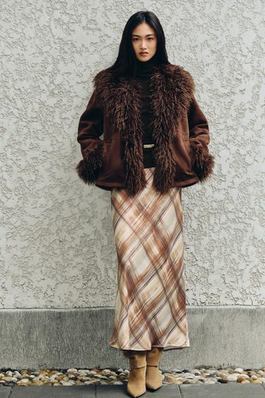 Zara 緞面中長裙 - 米棕色