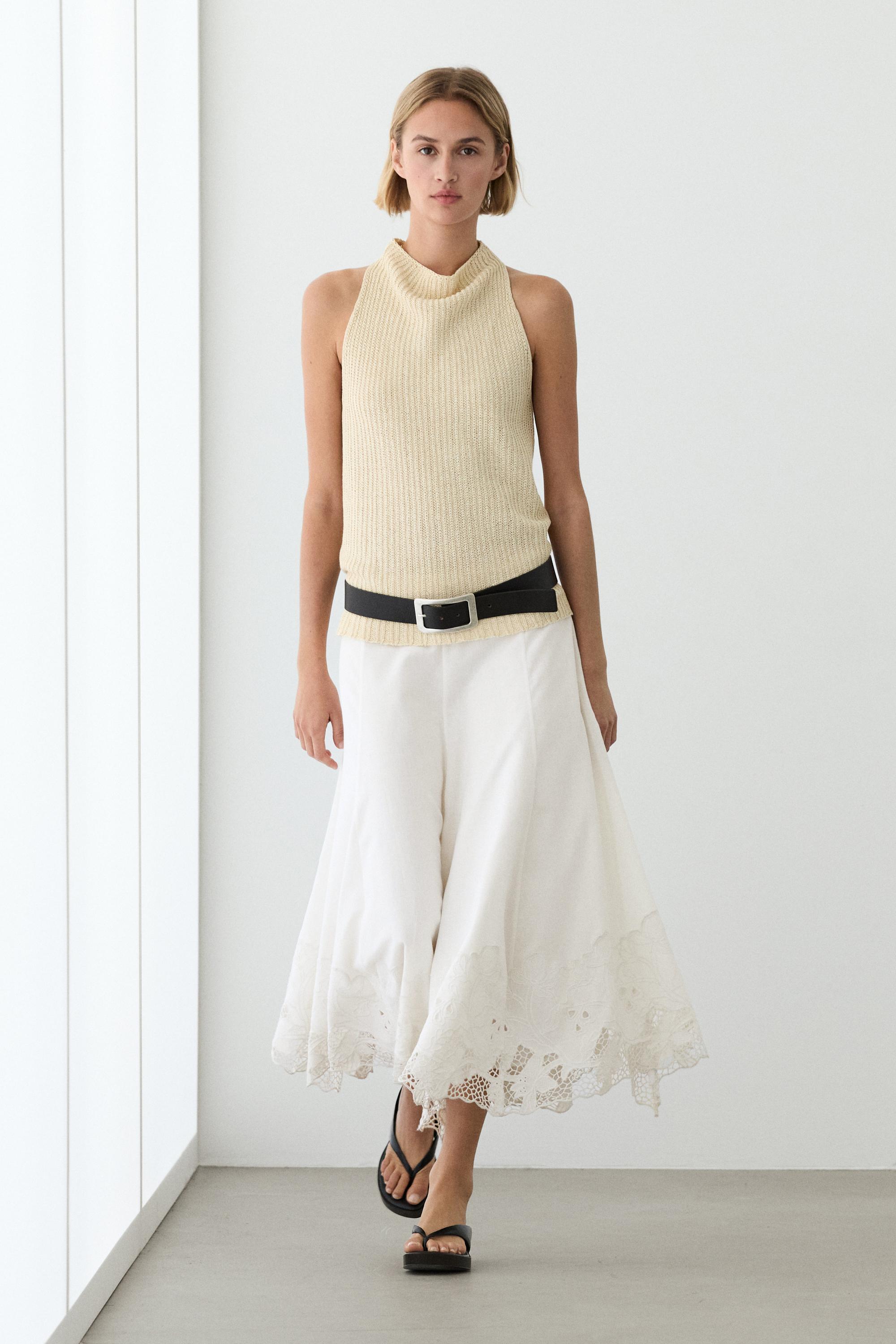 Flared midi skirt with embroidery — White