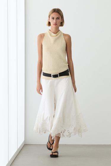Zara Flared midi skirt with embroidery - White - Image 0