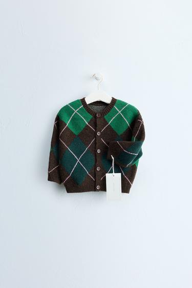 ZARA TIMELESS - GILET EN MAILLE À LOSANGES AVEC LAINE - Marron / Vert de Zara
