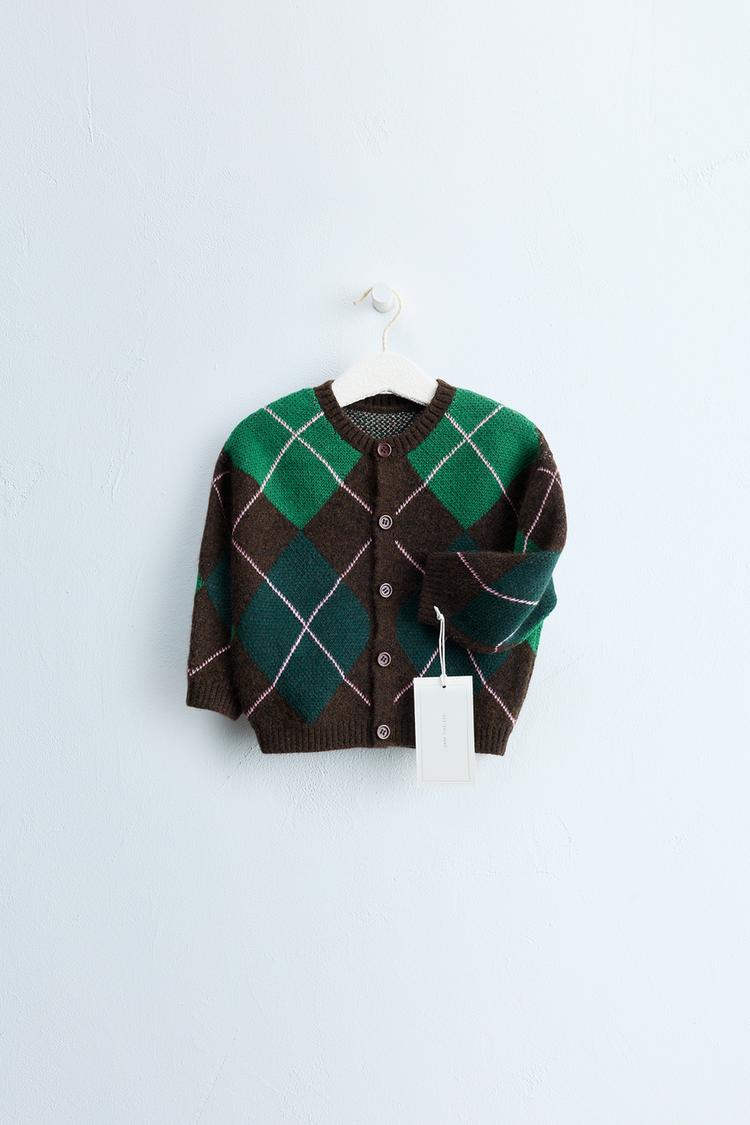 ZARA TIMELESS - WOOL DIAMOND-PATTERN CARDIGAN — Brown / Green