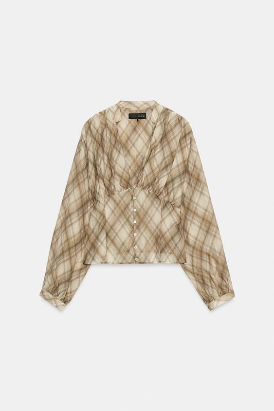 BUTTONED CHECK SHIRT - Khaki by Zara - Image 0