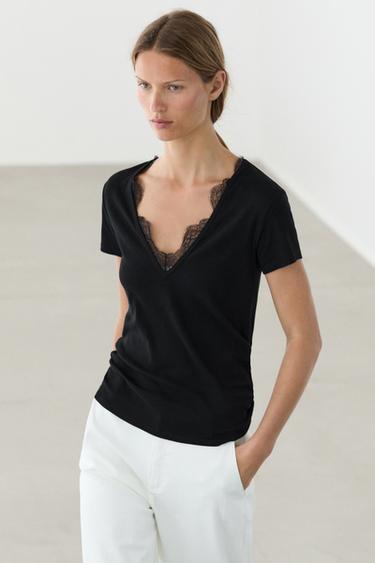 Zara V-neck T-shirt with lace detail - Black