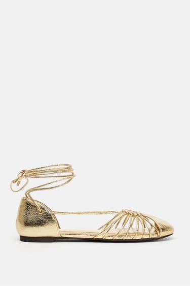 Zara METALLIC LACE-UP FISHERMAN SANDALS - Gold