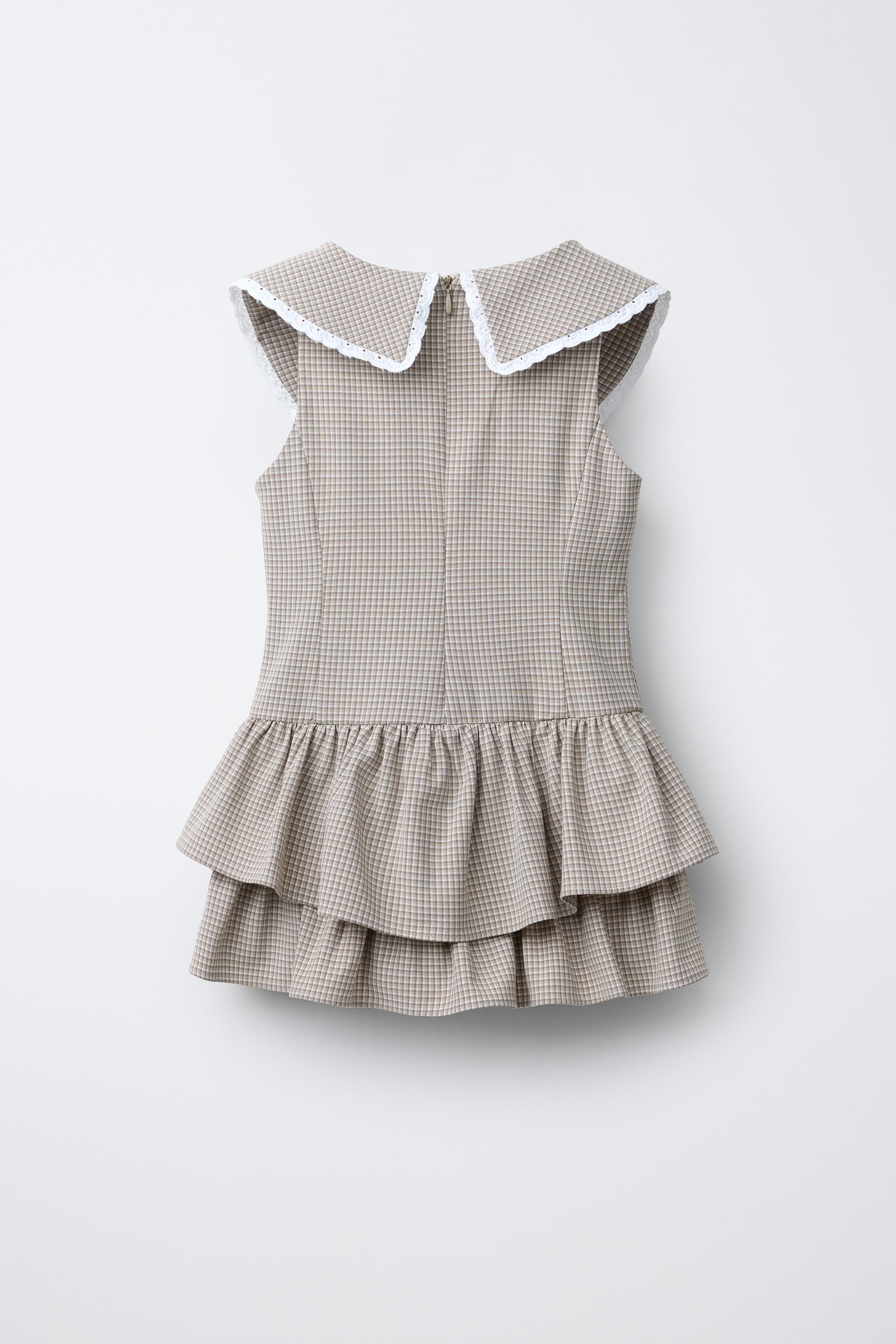 PLAID RUFFLED LACE TRIM DRESS
