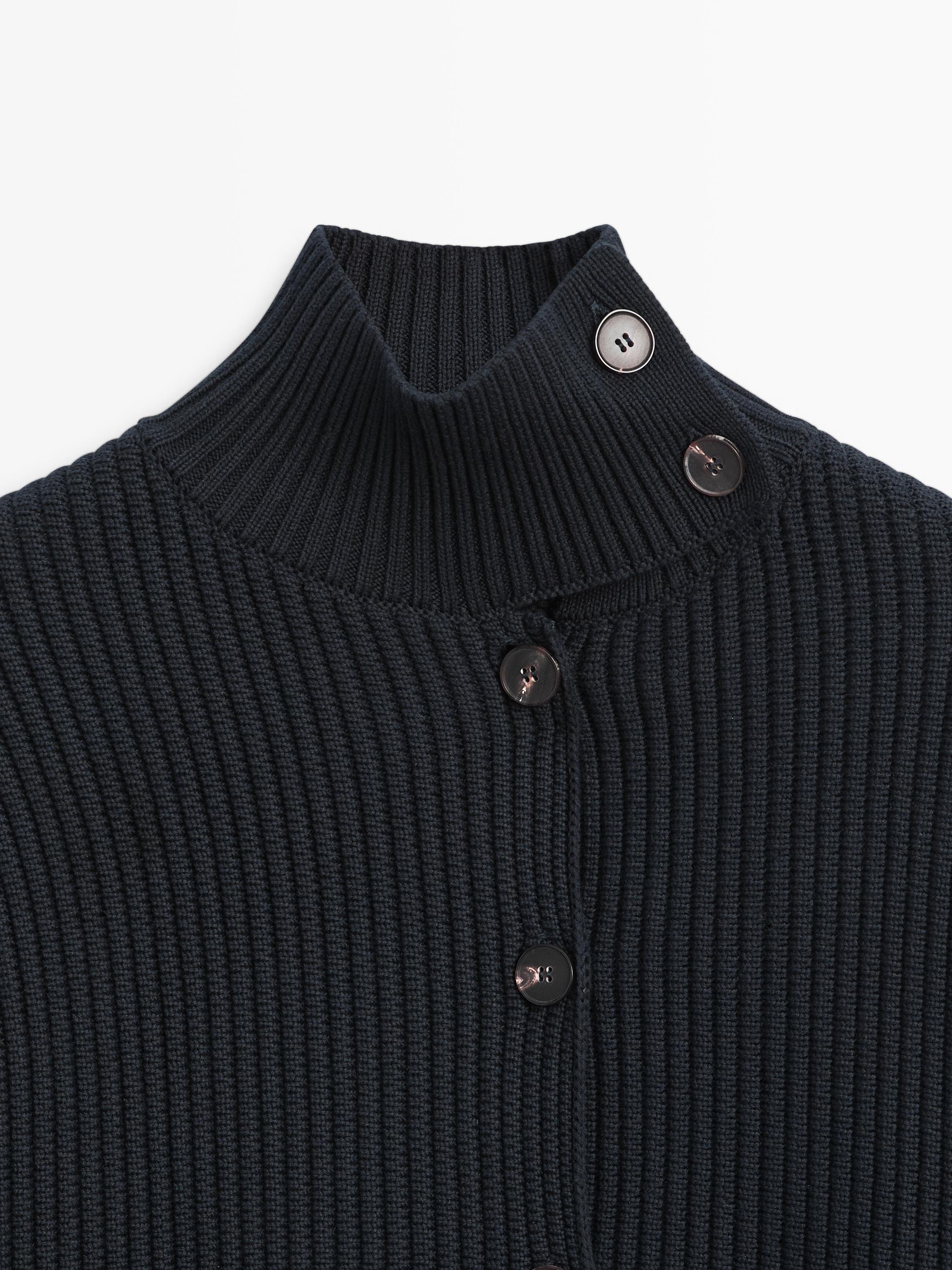 Cotton high neck knit cardigan