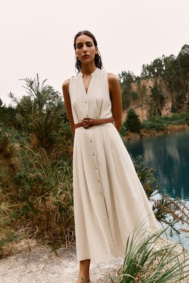 فستان ميدي من الكتان بحزام - بيج فاتح الخاص بـ Zara