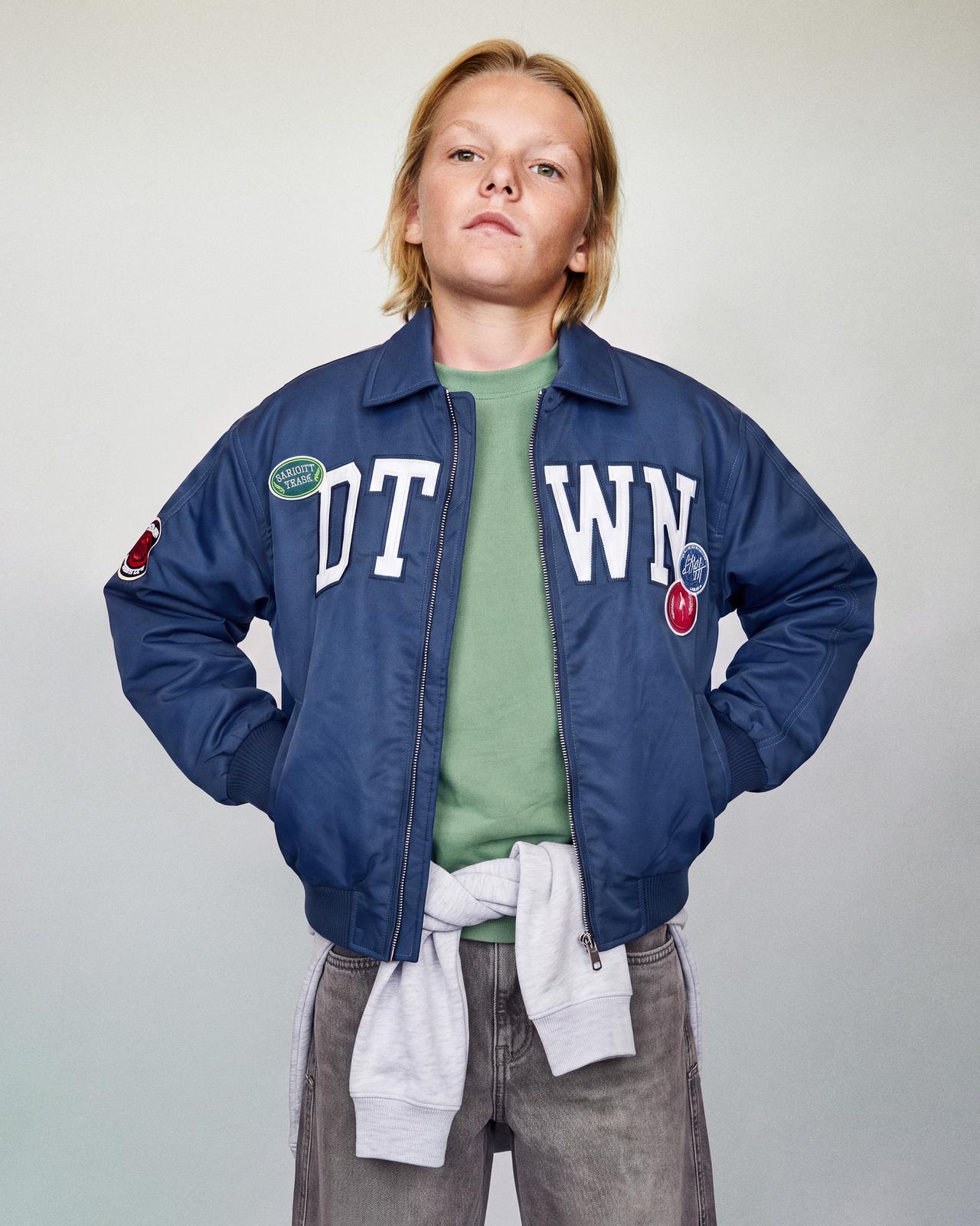 WATER-REPELLENT VARSITY BOMBER JACKET — Blue