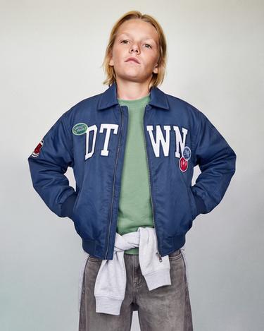 WATER-REPELLENT VARSITY BOMBER JACKET — Blue 1