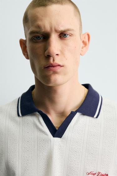 EMBROIDERED VERTICAL JACQUARD POLO SHIRT - Ecru / Blue by Zara