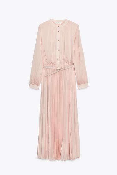ROBE MIDI PLISSÉE CEINTURE - Beige rosé de Zara