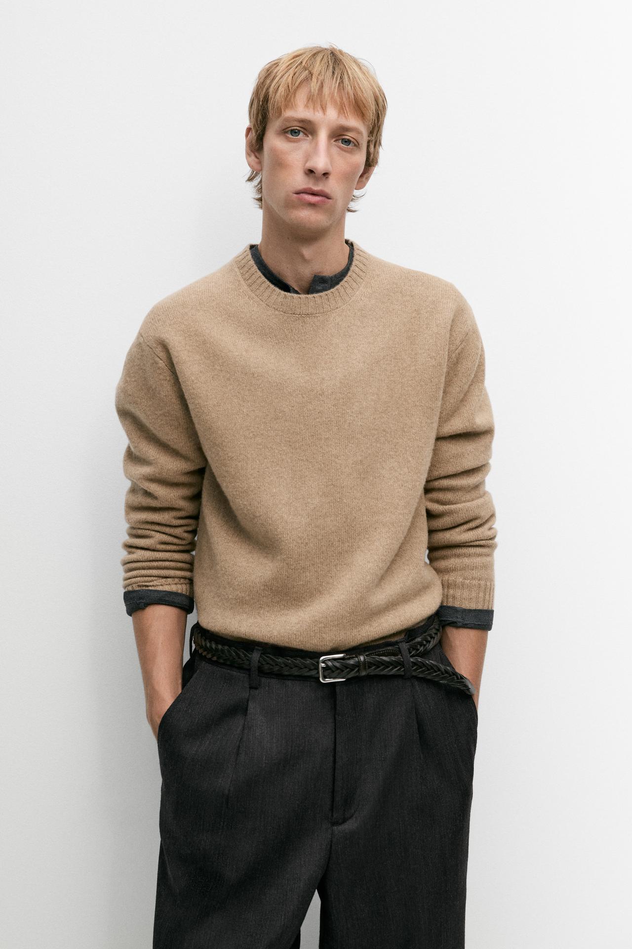 Wool blend round neck knit sweater — taupe brown