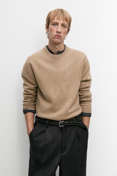 Wool blend round neck knit sweater — taupe brown 2