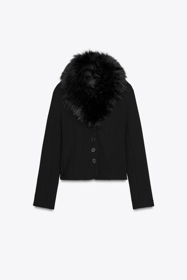 Zara ZW COLLECTION FITTED FAUX FUR COLLAR JACKET - Black