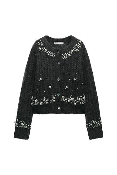 KNIT CARDIGAN WITH FAUX PEARLS