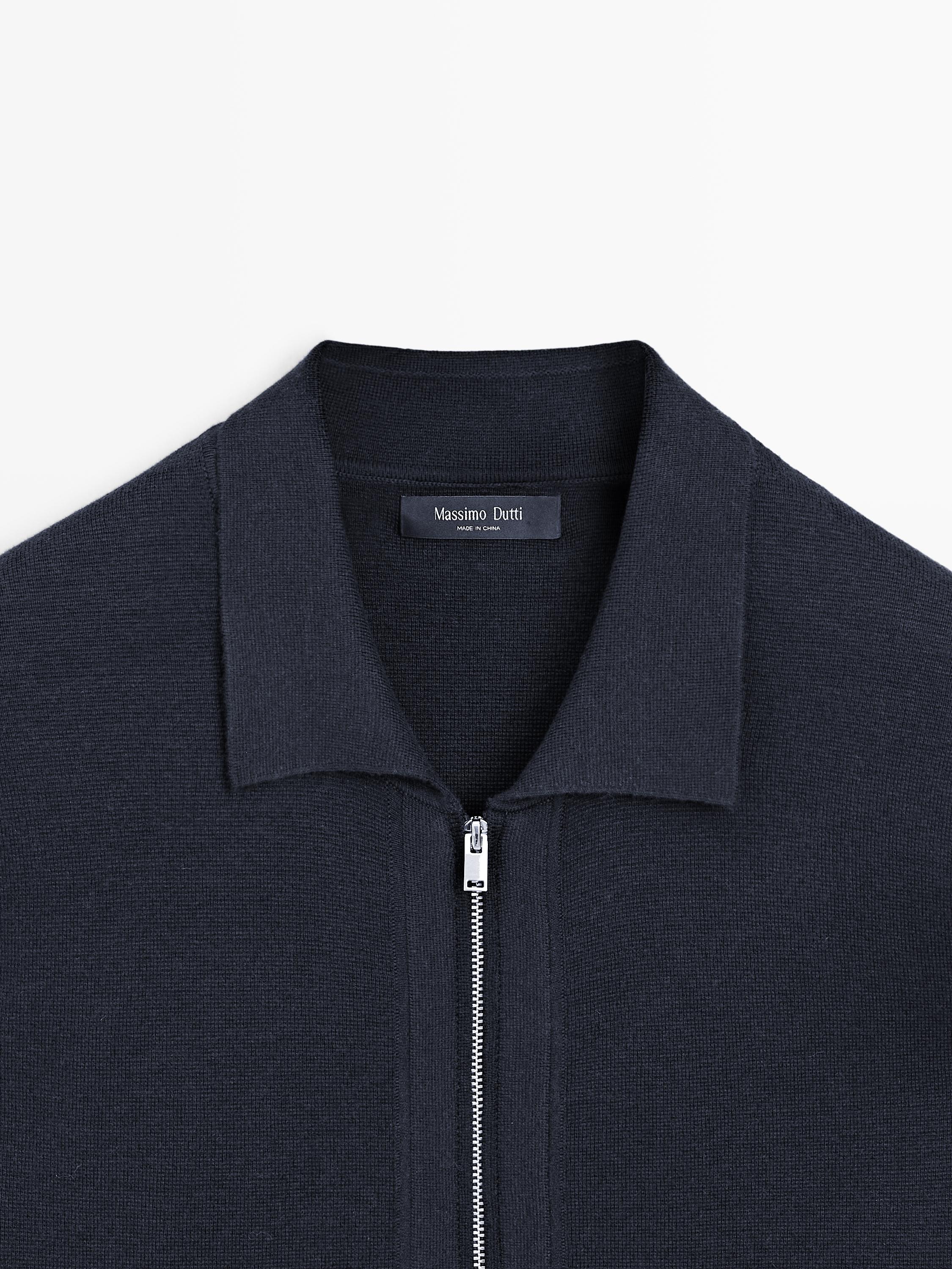 Zip-up knit cotton and wool blend cardigan with pockets