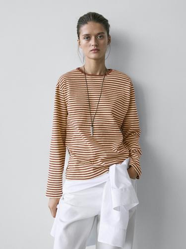 Zara Striped long sleeve cotton T-shirt - Brown