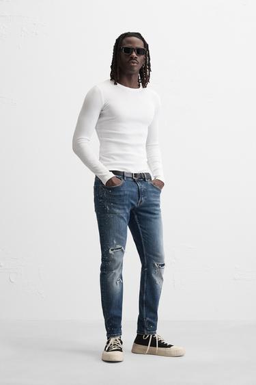 Zaras SKINNY-JEANS MED SLITNINGAR OCH STÄNKTRYCK - Blå medel