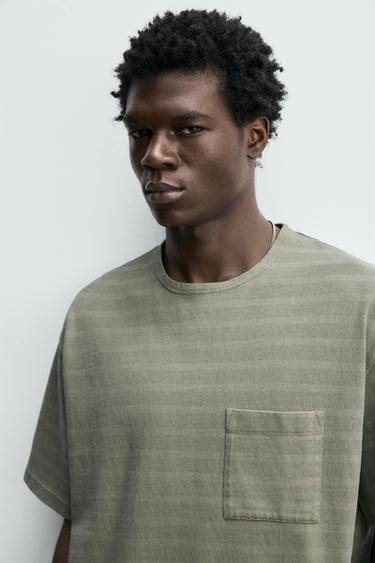 WASHED STRIPED T-SHIRT WITH POCKET - Beige / Green by Zara - Image 4
