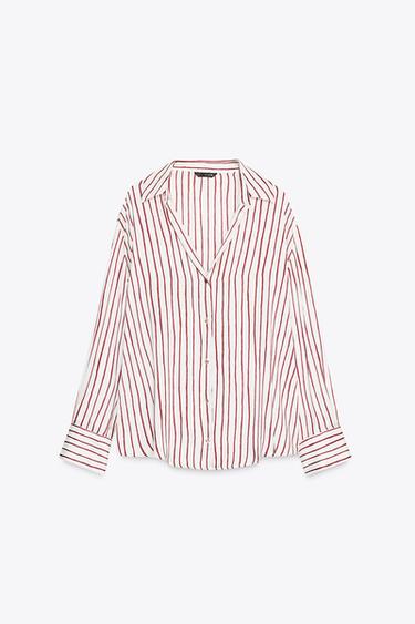STRIPED SATIN SHIRT - Ecru / Maroon by Zara - Image 0
