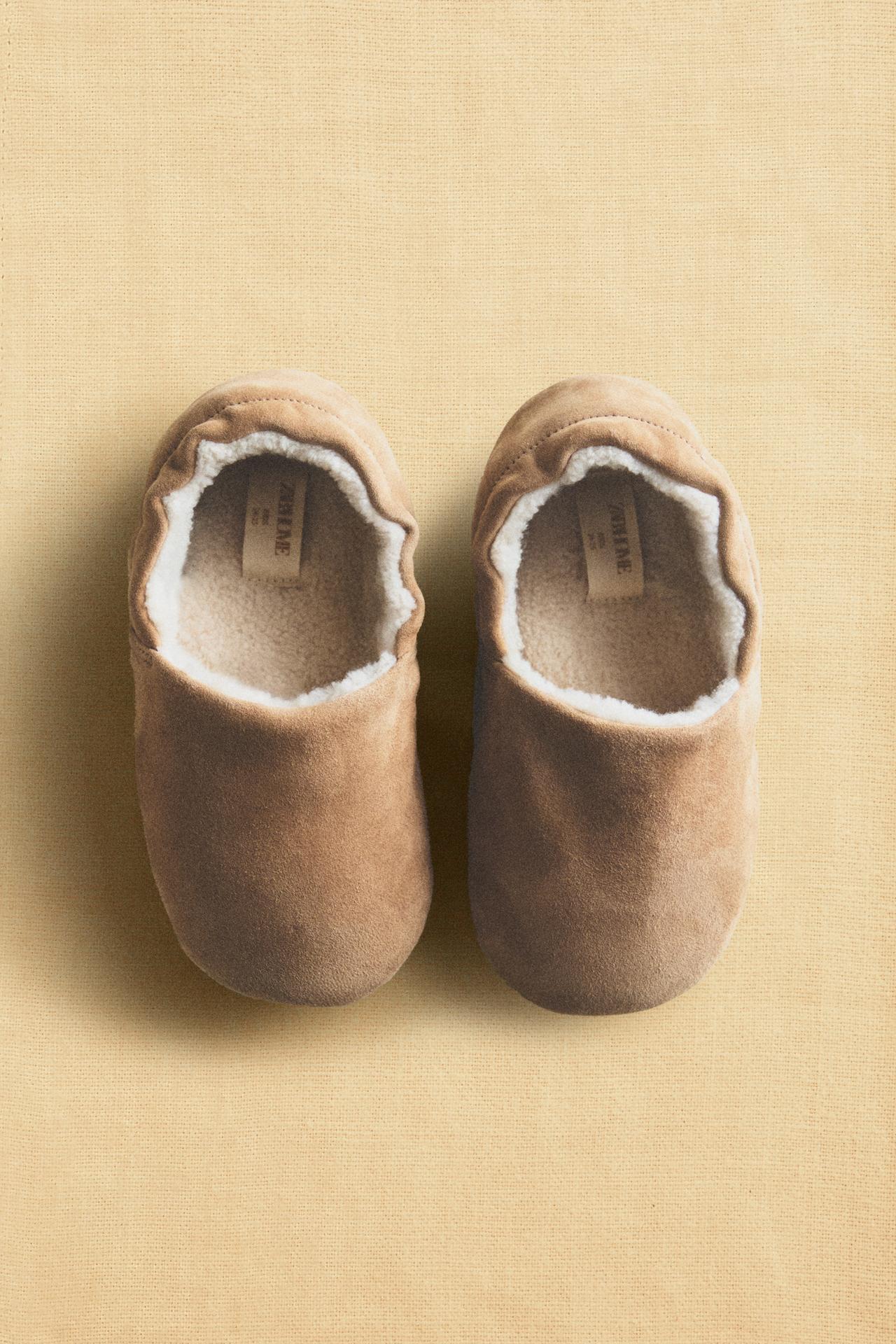WARM LEATHER Kids SLIPPERS — Brown