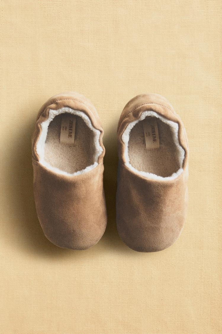 WARM LEATHER Kids SLIPPERS — Brown