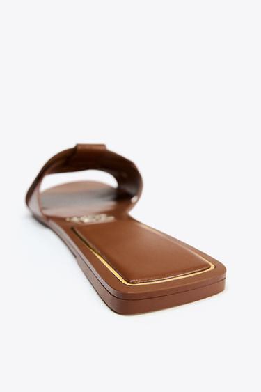 FLAT CRISS-CROSS LEATHER SLIDER SANDALS - Brown by Zara - Image 4