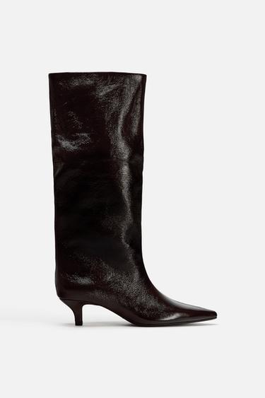 Zara KITTEN HEEL KNEE HIGH BOOTS - Burgundy Red