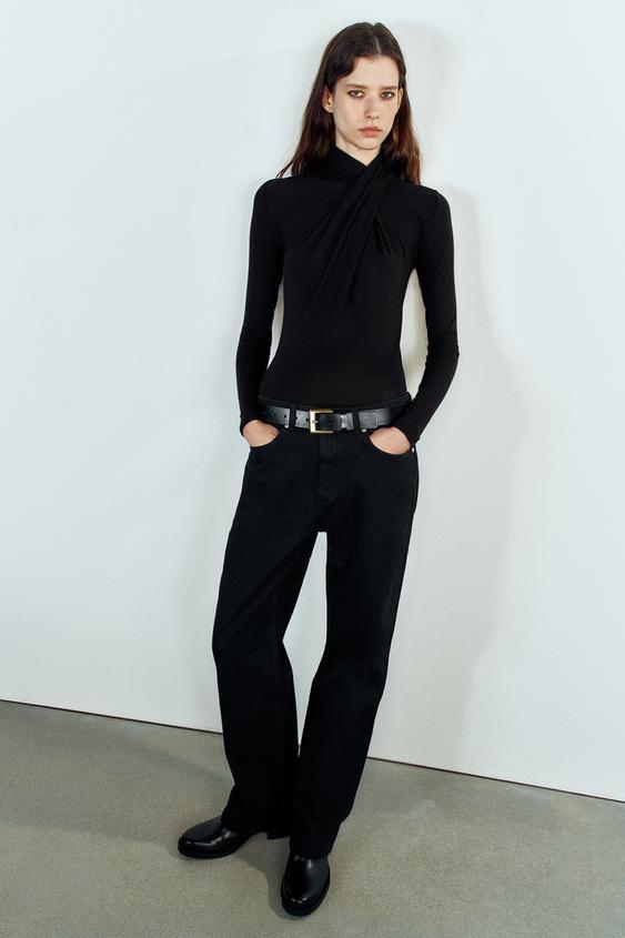 Zara 高領抓皺 T 恤 - 黑色 - 圖片 0