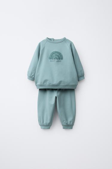 EMBROIDERED TOWELLING SWEATSHIRT AND JOGGERS SET - Green / Blue by Zara