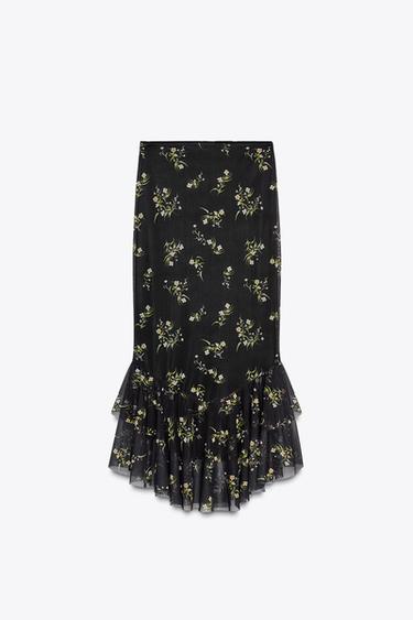 JUPE EN TUL IMPRIMÉ À VOLANTS - Noir de Zara