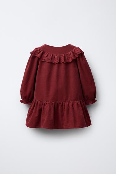 NEEDLECORD DRESS WITH RUFFLE SCHIFFLI EMBROIDERY - Burgundy by Zara - Image 1
