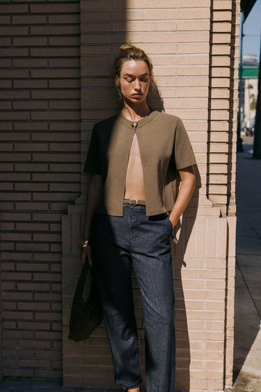 SHORT SLEEVE CARDIGAN - Khaki by Zara - Image 1