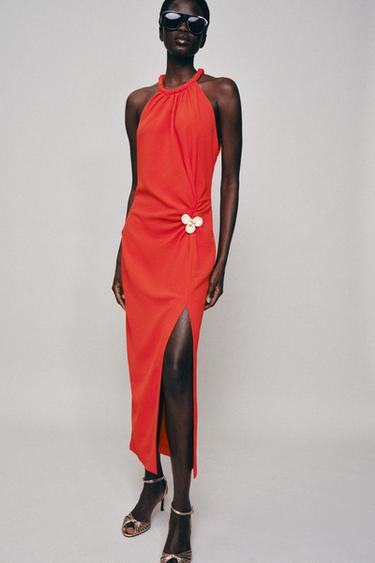 MIDI HALTER DRESS WITH APPLIQUÉ - Coral red by Zara