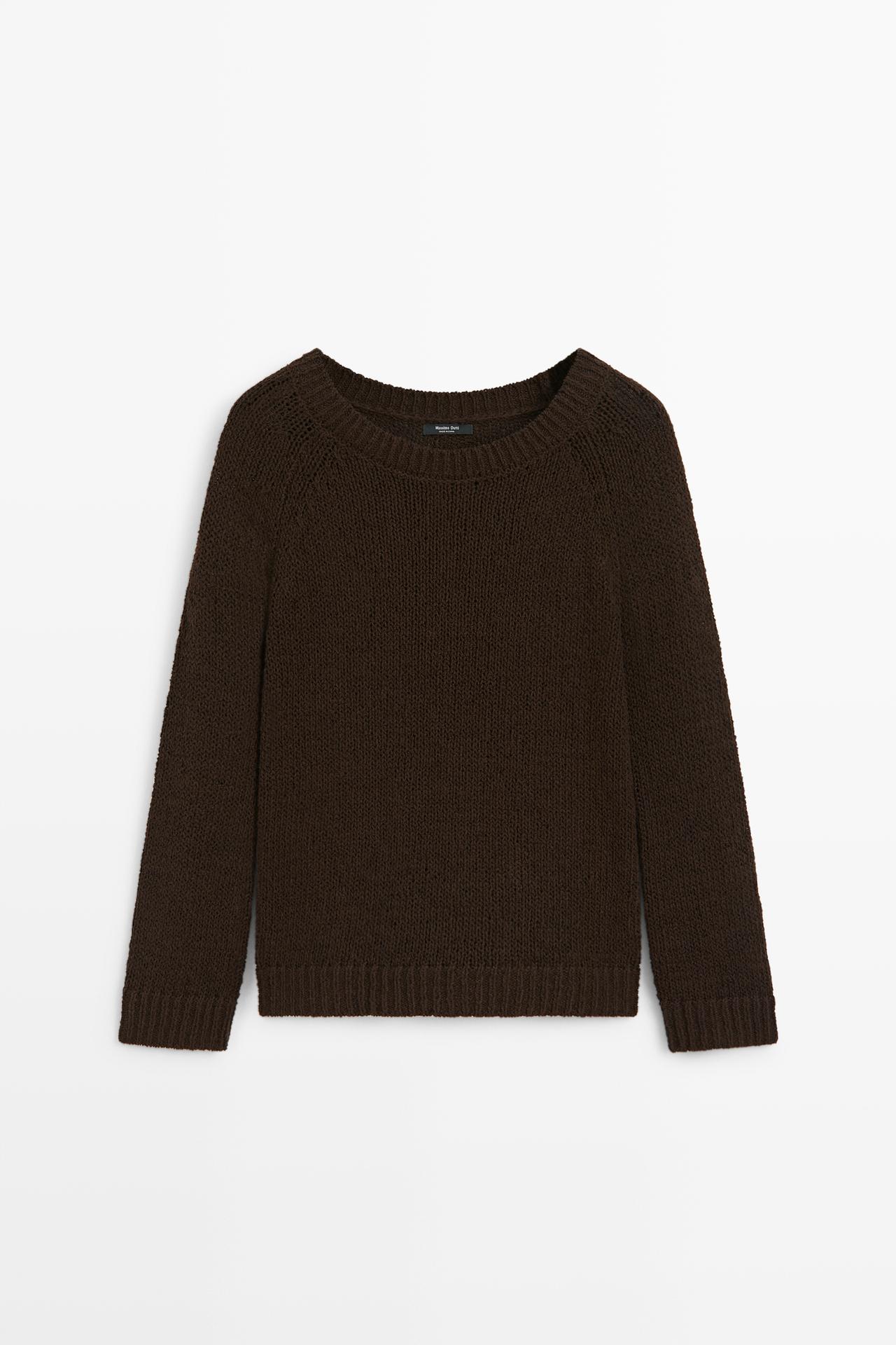 Cotton-blend boat-neck knit sweater — Brown