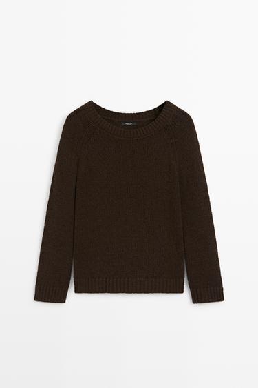 Cotton-blend boat-neck knit sweater — Brown 1