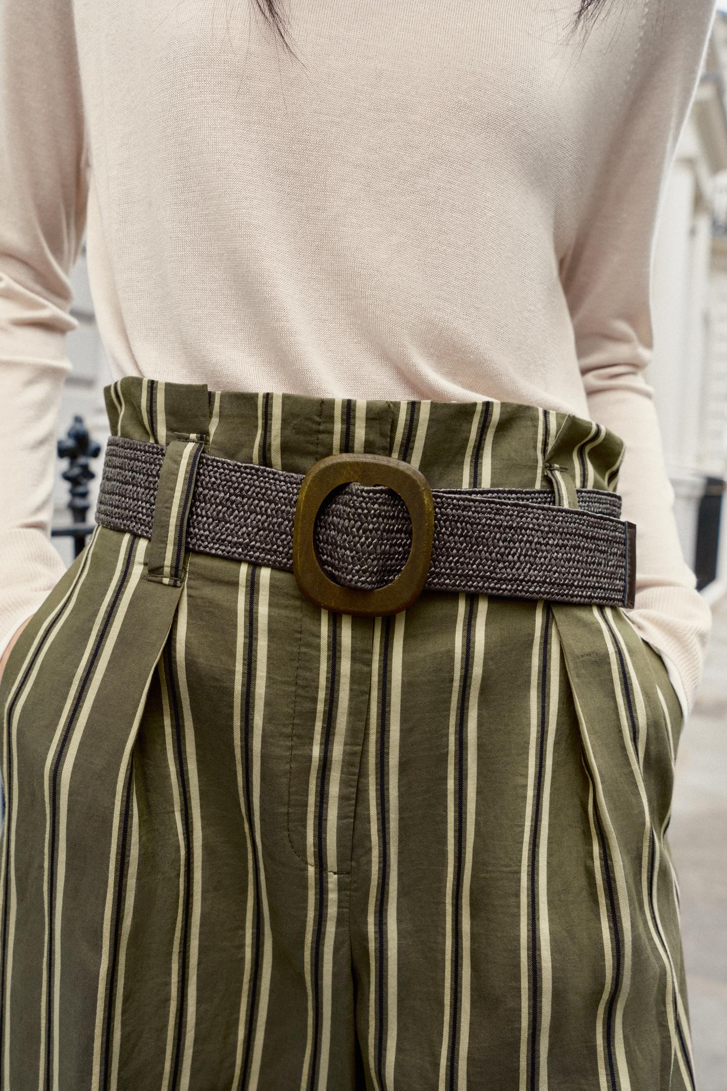 Женские брюки Zara Belted Striped, цвет: Экрю / Зелёный — фото 4