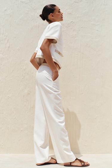 PANTALON DROIT TAILLE COMBINÉE - Blanc cassé de Zara - Image 2