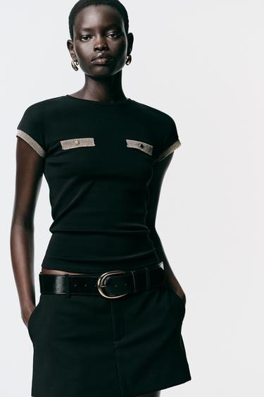 Zara METALLIC THREAD T-SHIRT - Black